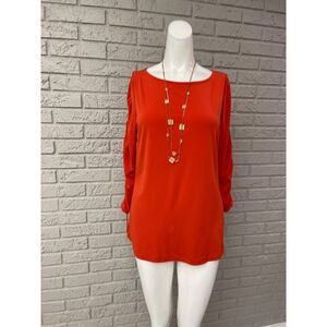 Susan Graver Women Orange Ruched Drawstring Long Sleeve Blouse Size S